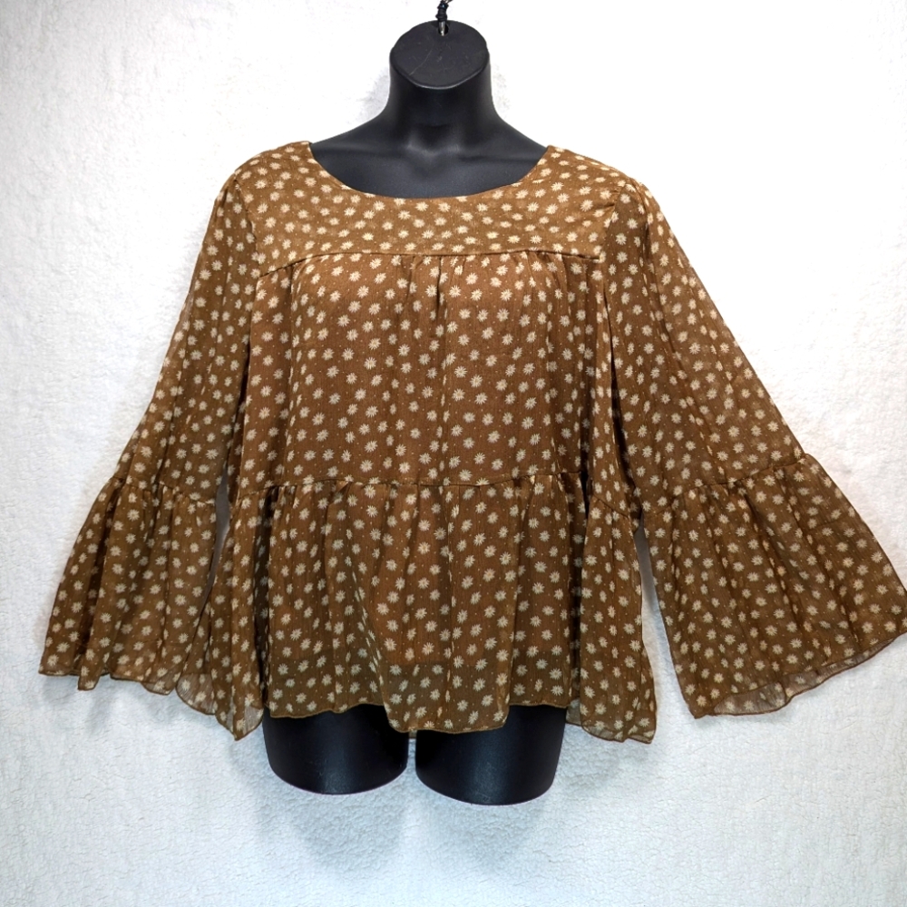 Hayden Los Angeles Daisy Layered Peplum Bell Long Sleeve Tunic Blouse Brown